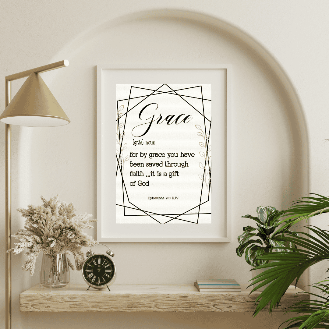 Ephesians 2:8 Grace Defined Art Print hanging under archway