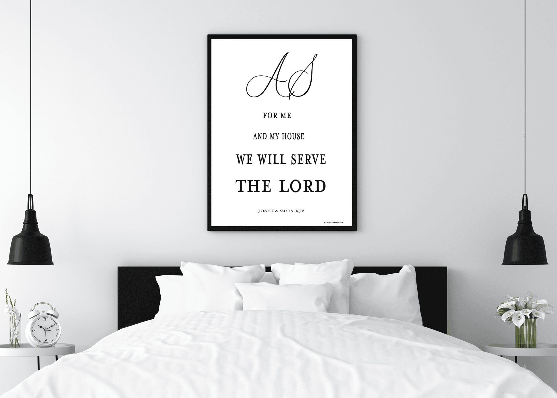 Joshua 24:15 print framed over a bed