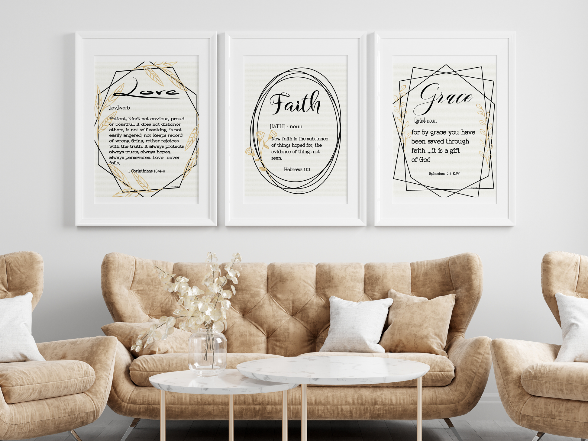 Love Defined 1 Corinthians 13:4-8 Art Print, Faith Defined Hebrews 11:1 Art Print, and Grace Defined Ephesians 2:8 Art Print hanging over brown couch