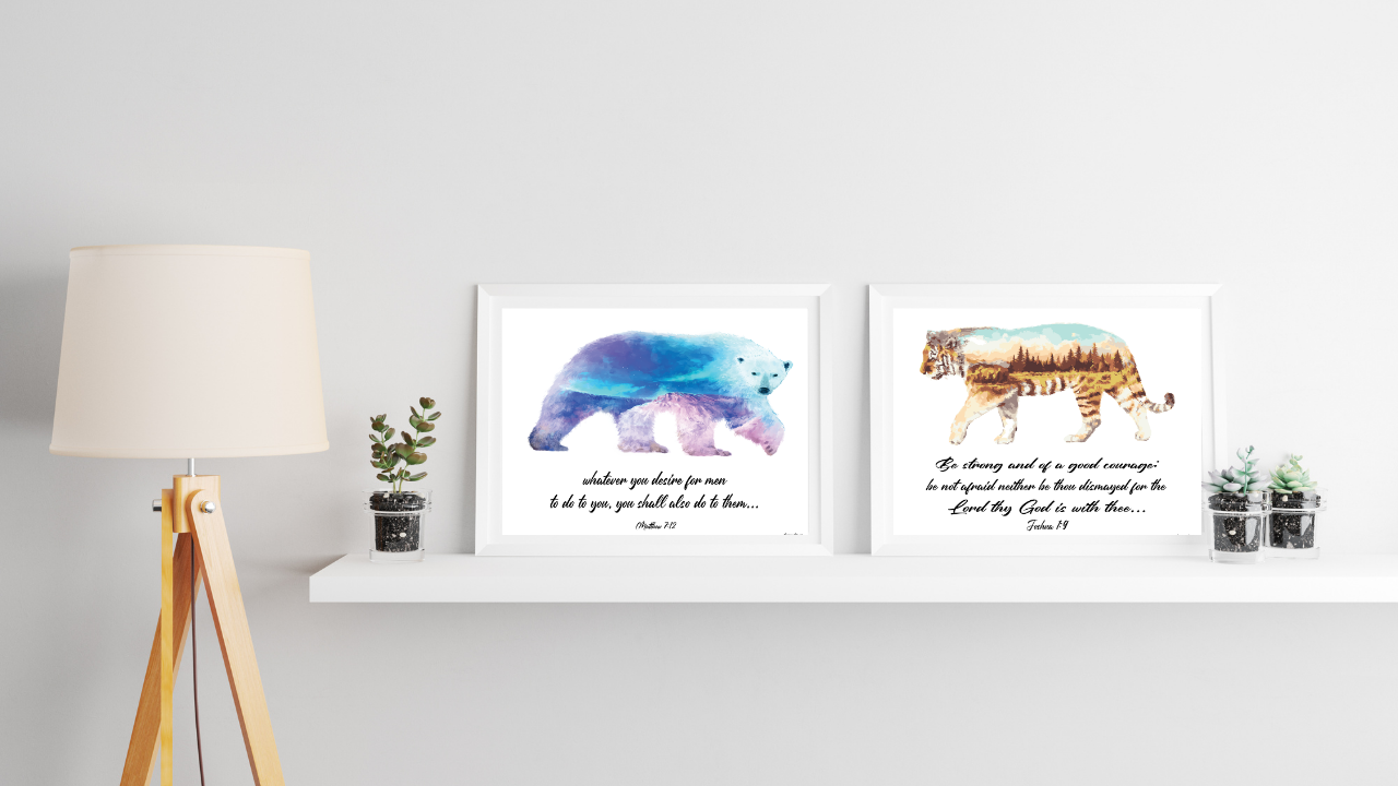 Joshua 1 and 9 - Tiger and Bear Art Print on shelf