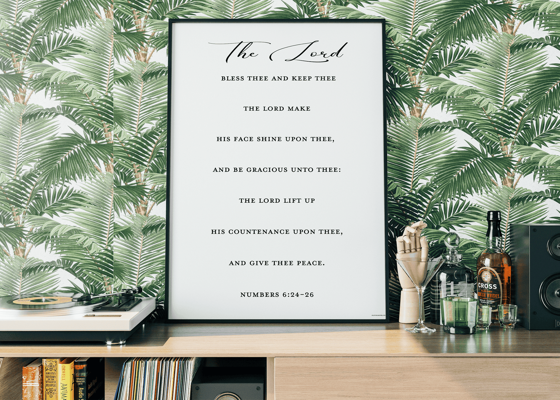 Numbers 6:24-26 Art Print on shelf in front of palm tree wallpaper