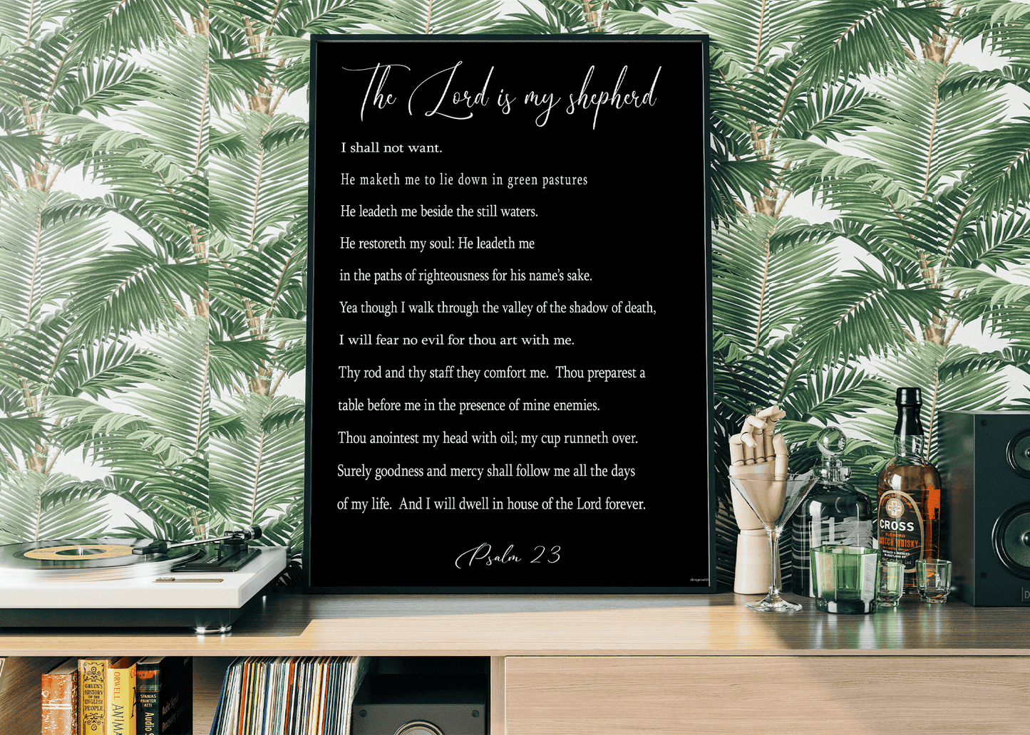 Psalm 23 - Art Print with record player against wall