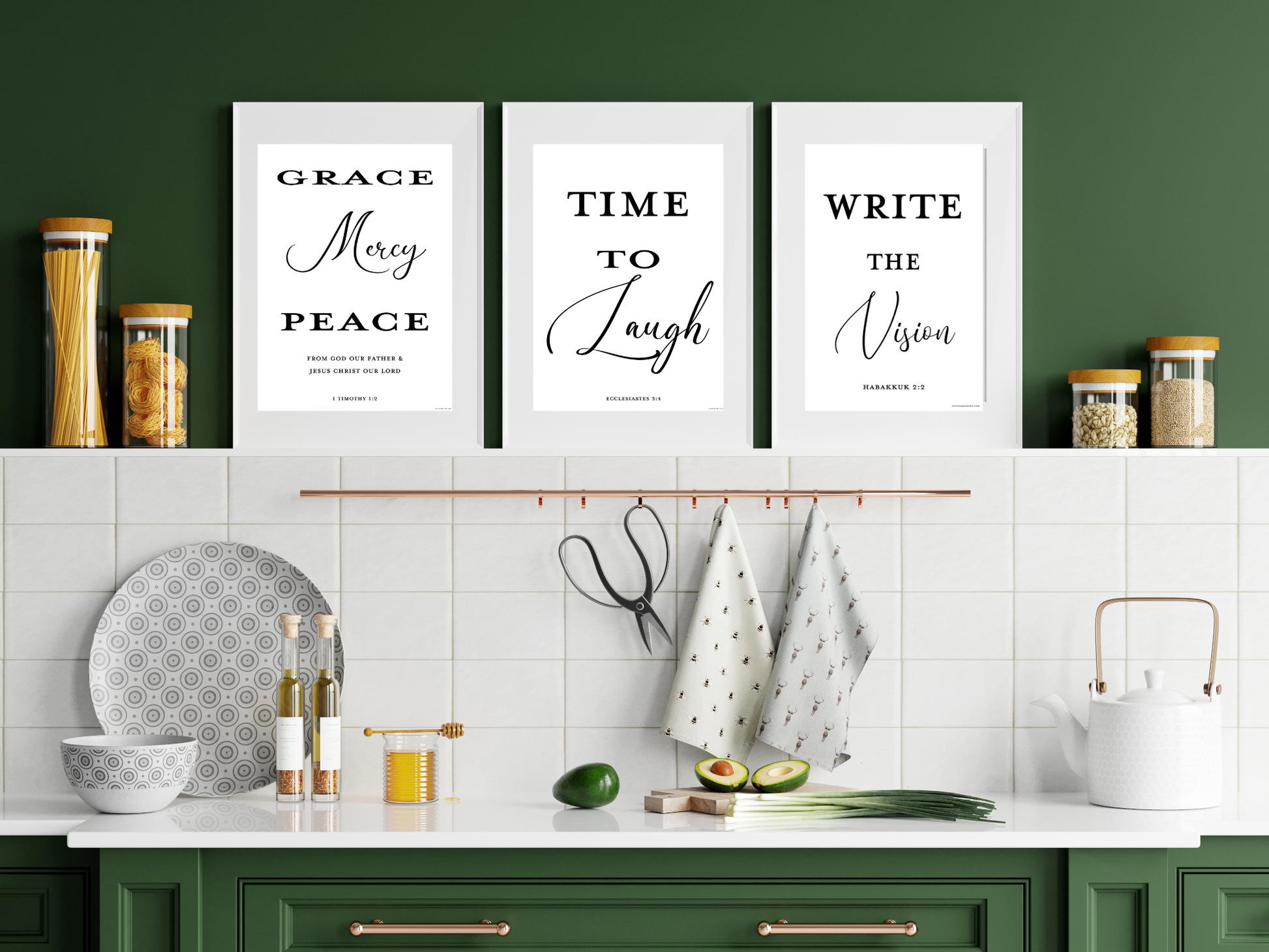 Kitchen with framed prints on the wall, featuring Bible art prints