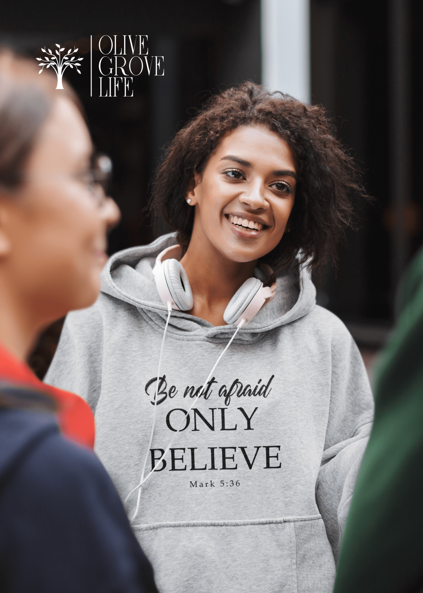 Mark 5:36 Be not afraid Only Believe Unisex Hoodie Sport Grey on woman with headphones