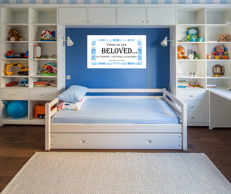 You Are 5 pack art prints - in boy's room above bed flanked by white shelves