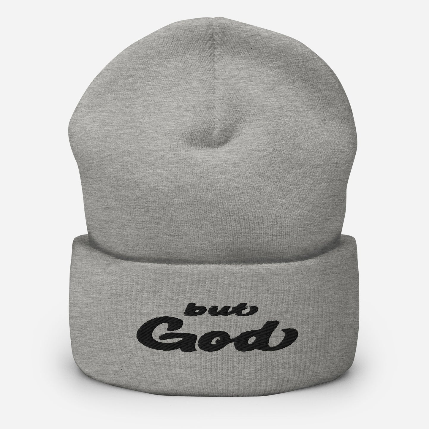 But God Embroidered Cuffed Beanie heather gray