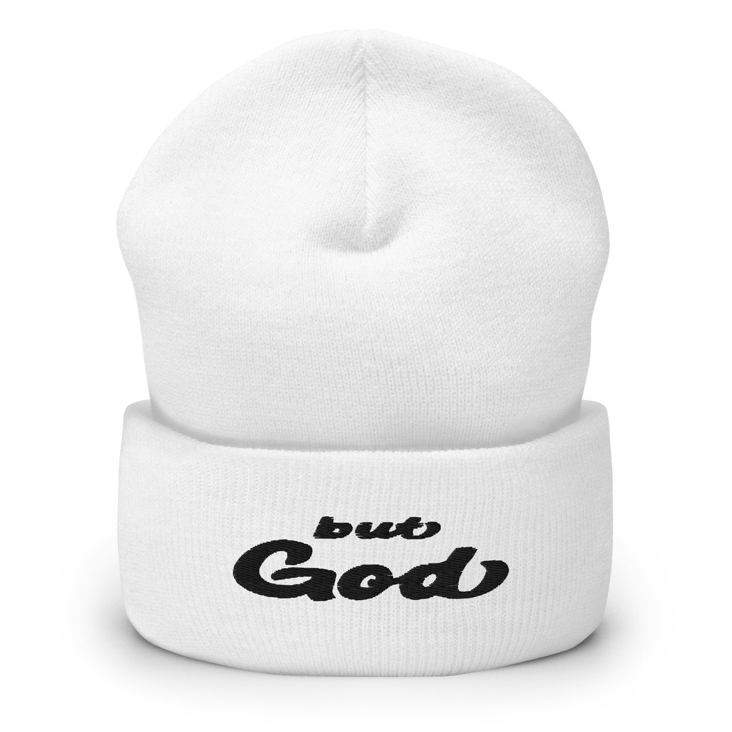But God Embroidered Cuffed Beanie white