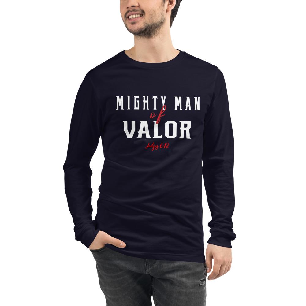 Judges 6:12 Mighty Man of Valor Long Sleeve Tee Navy on man