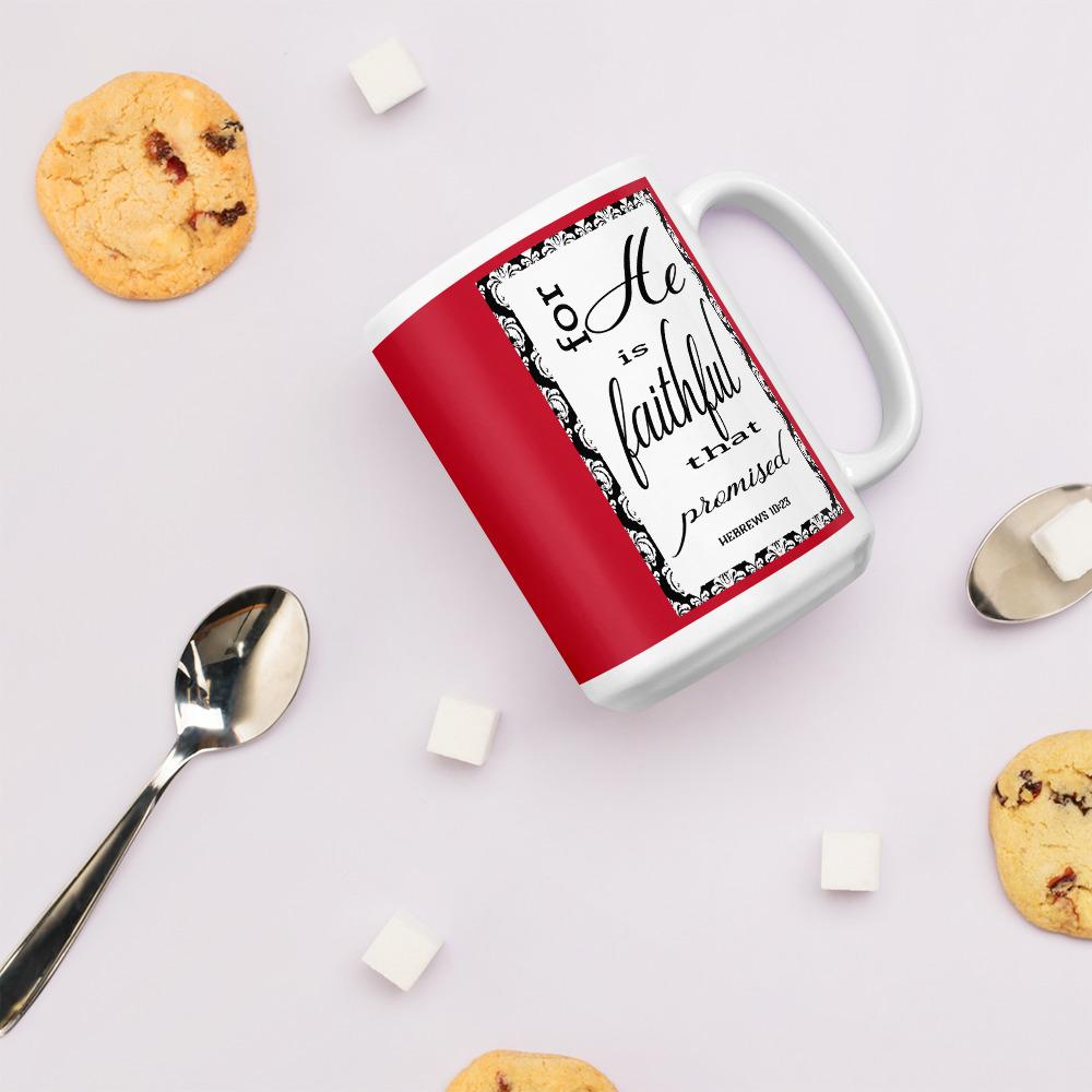 Hebrews 10:23 God's Promises Ceramic Mug with spoons, sugar cubes, and cookies