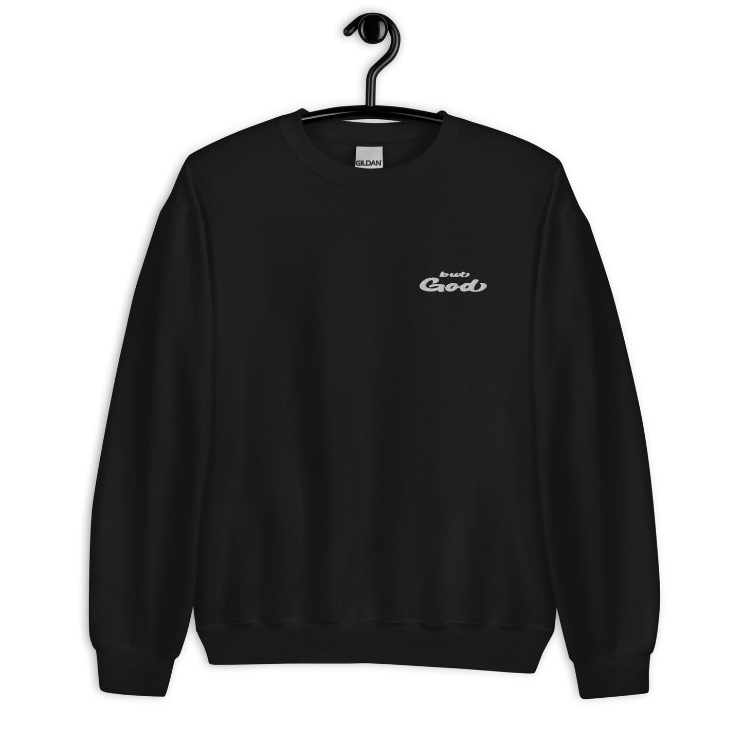 But God Embroidered Unisex Sweatshirt black on hanger