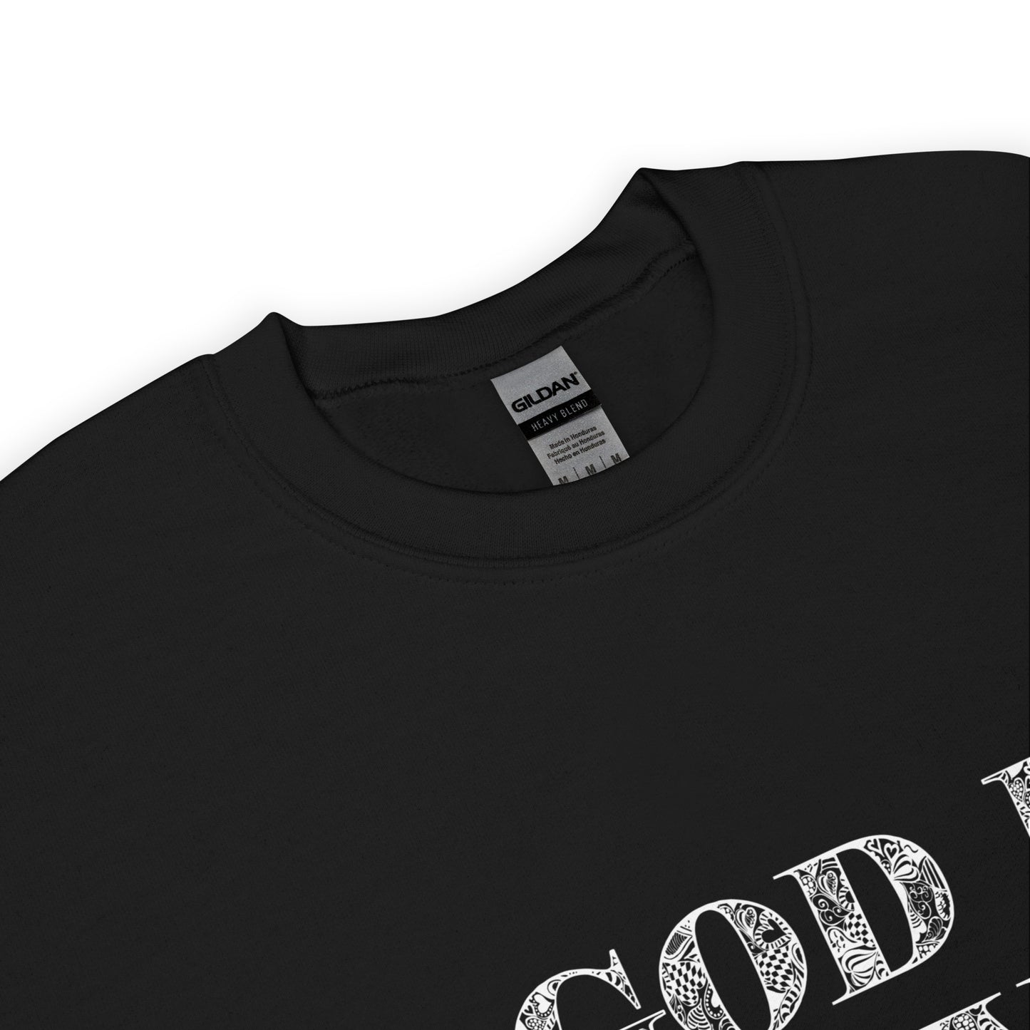 1 John 4:8 God is Love Unisex Texas Sweatshirt in Black - closeup on neckline