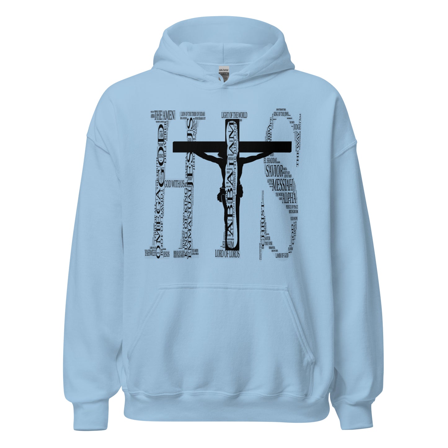 Names of God- (I AM) His -Hooded Sweatshirt Light Blue front