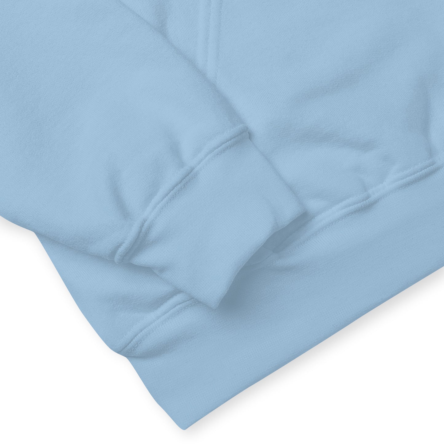 Names of God- (I AM) His -Hooded Sweatshirt Light Blue closeup on hem and sleeve cuff