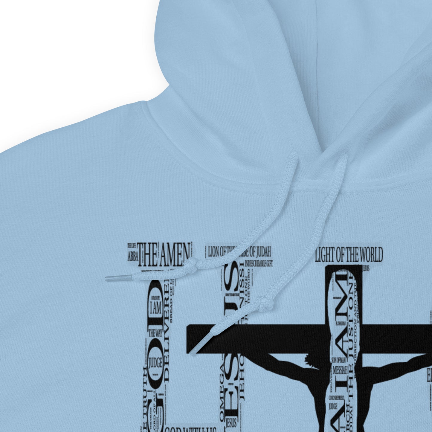 Names of God- (I AM) His -Hooded Sweatshirt Light Blue closeup on neckline