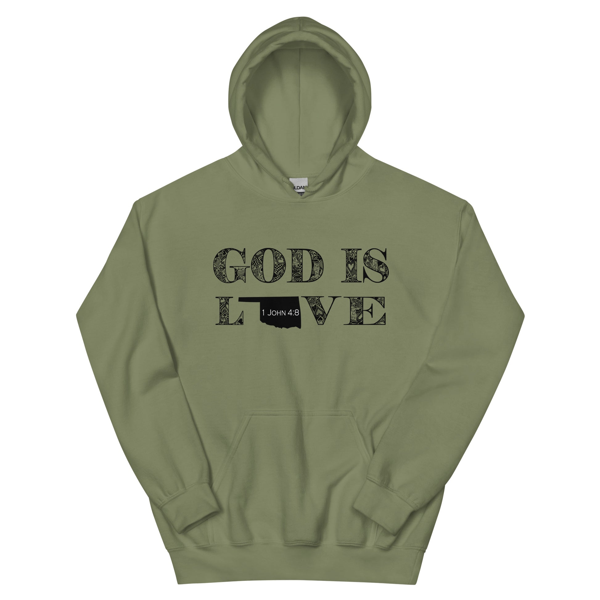 1 John 4:8 God Is Love Unisex Oklahoma Hoodie in Military Green - front view