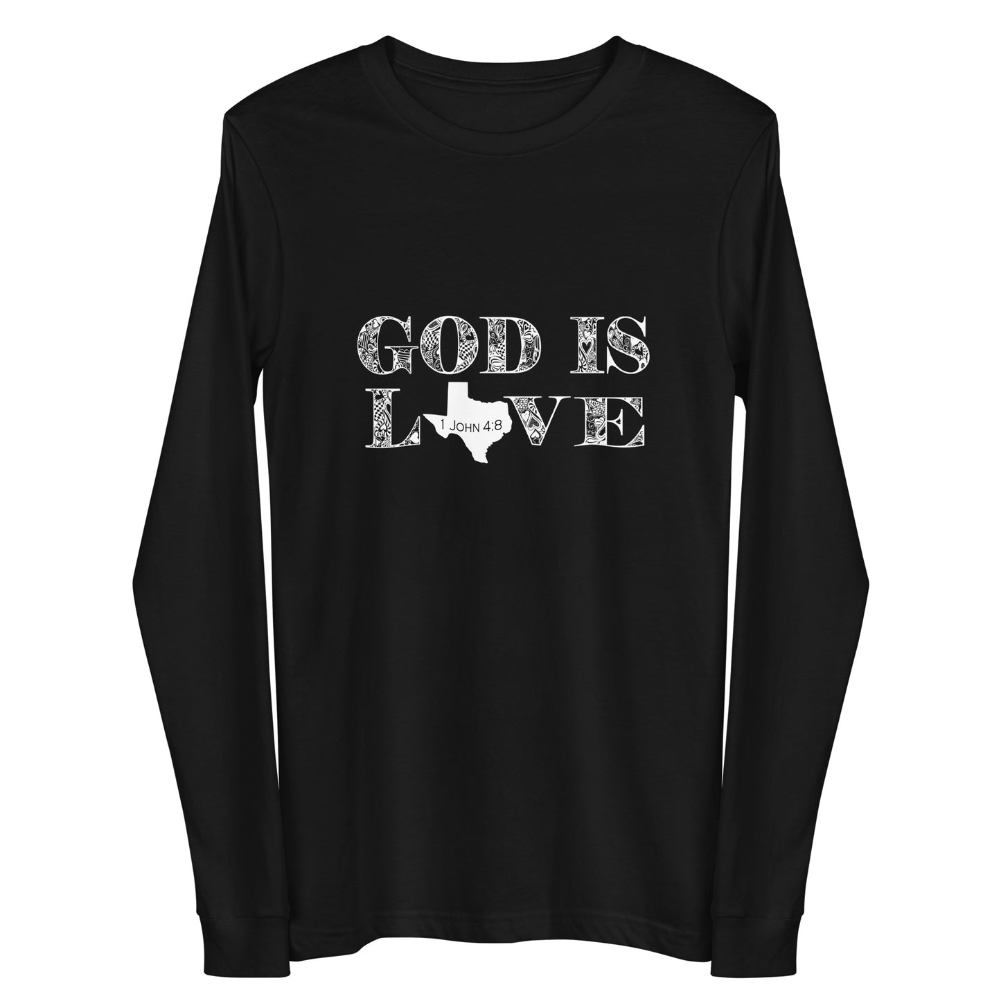 Graphic Christian black long-sleeve tee with 1 John 4:8 on it. This piece of Christian apparel is a reminder of who God is. Grab this unique long-sleeve tee from the Christian-based company Olive Grove Life.