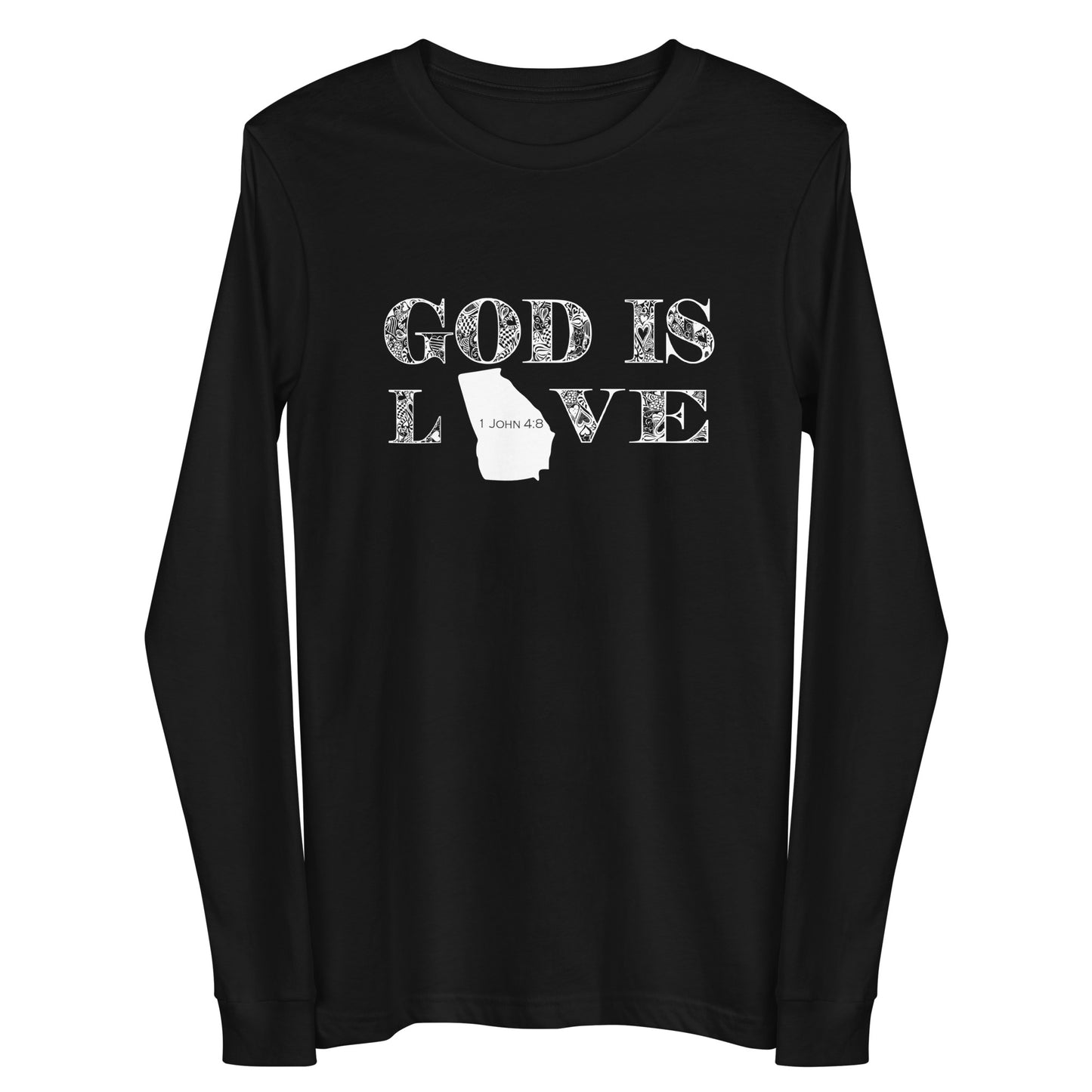 1 John 4:8 God is Love Georgia Long Sleeve Tee in Black - front view
