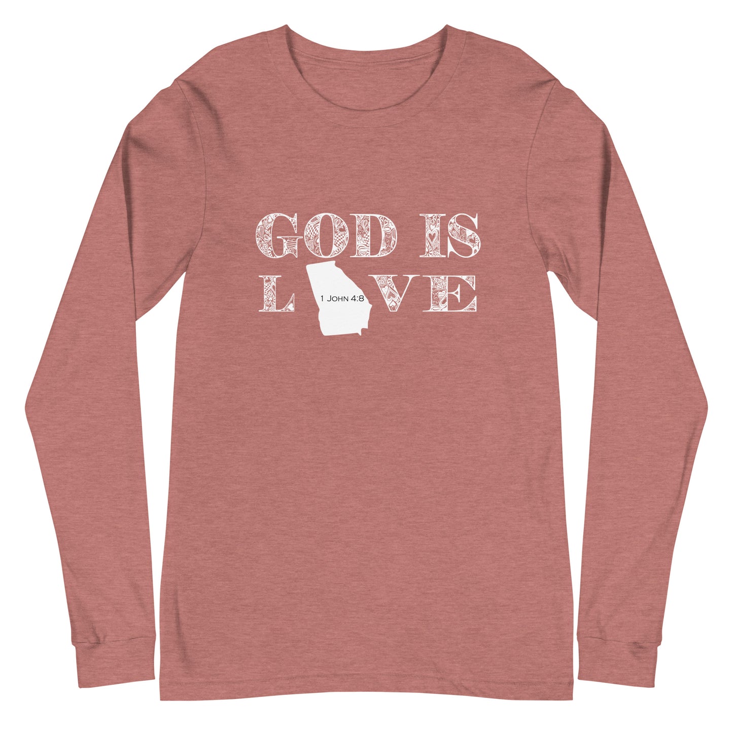 1 John 4:8 God is Love Georgia Long Sleeve Tee in Heather Mauve - front view