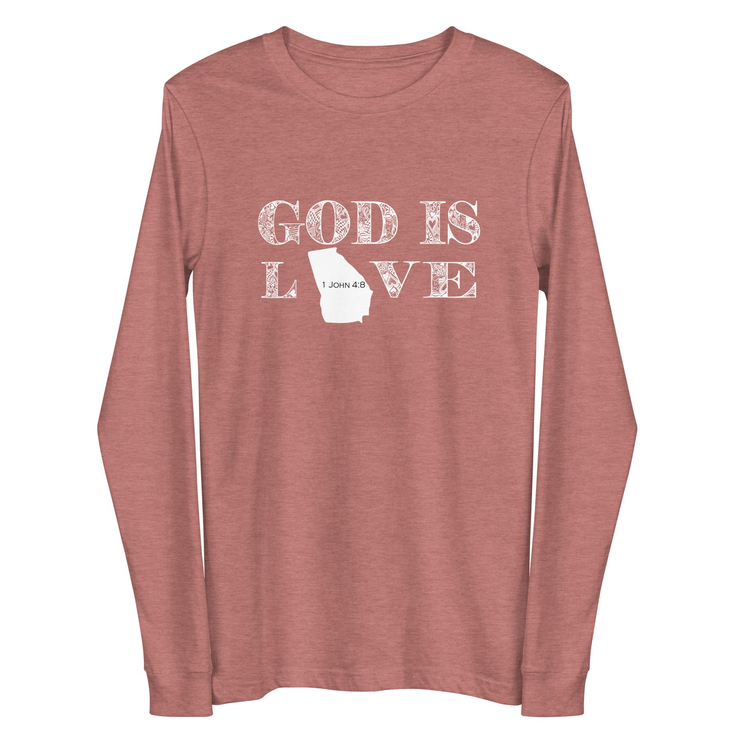 1 John 4:8 God is Love Georgia Long Sleeve Tee in Heather Mauve - front view
