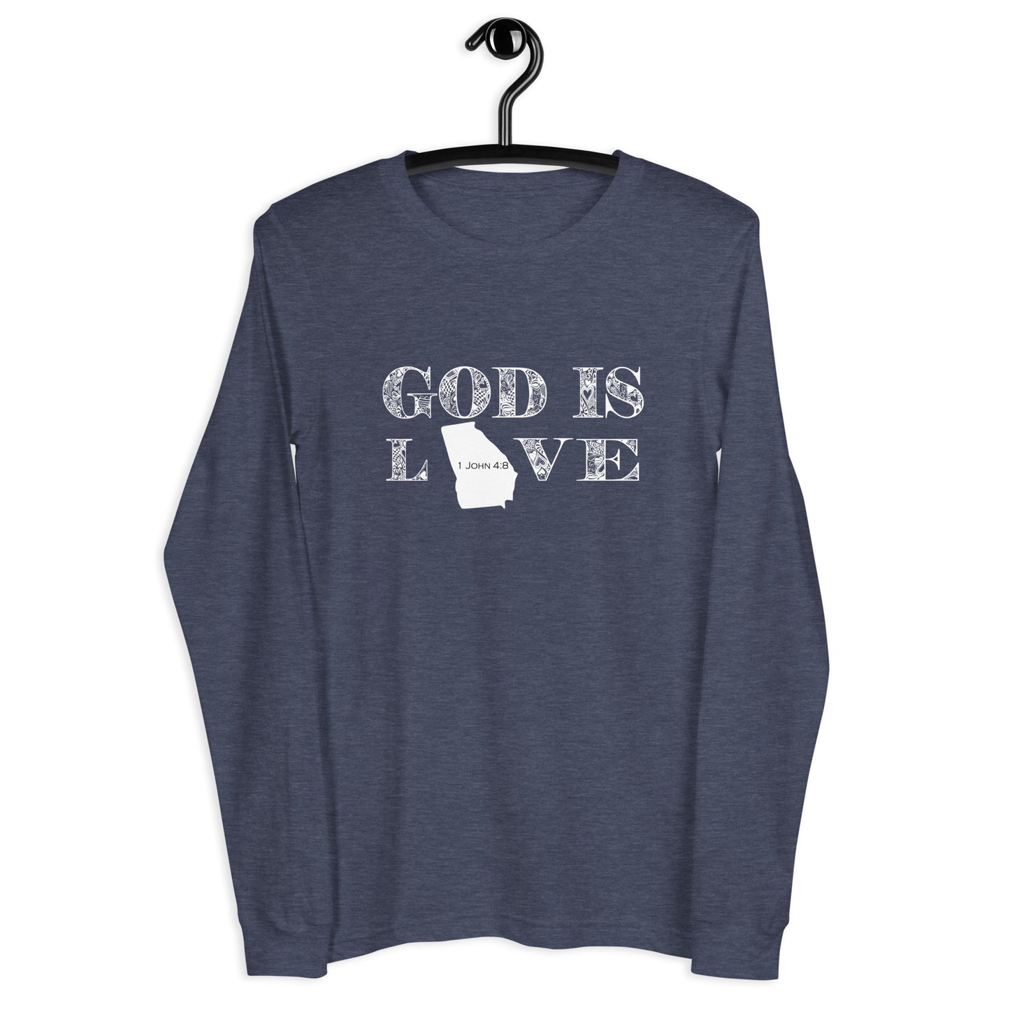1 John 4:8 God is Love Georgia Long Sleeve Tee in Heather Navy - on hanger front view