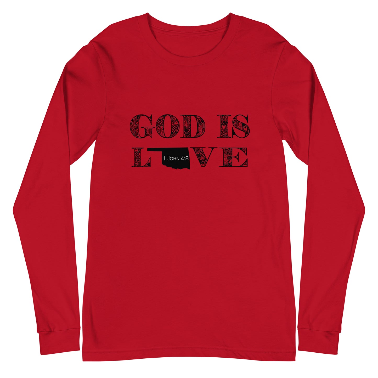 1 John 4:8 God is Love Unisex Long Sleeve Oklahoma Tee in Red - front view