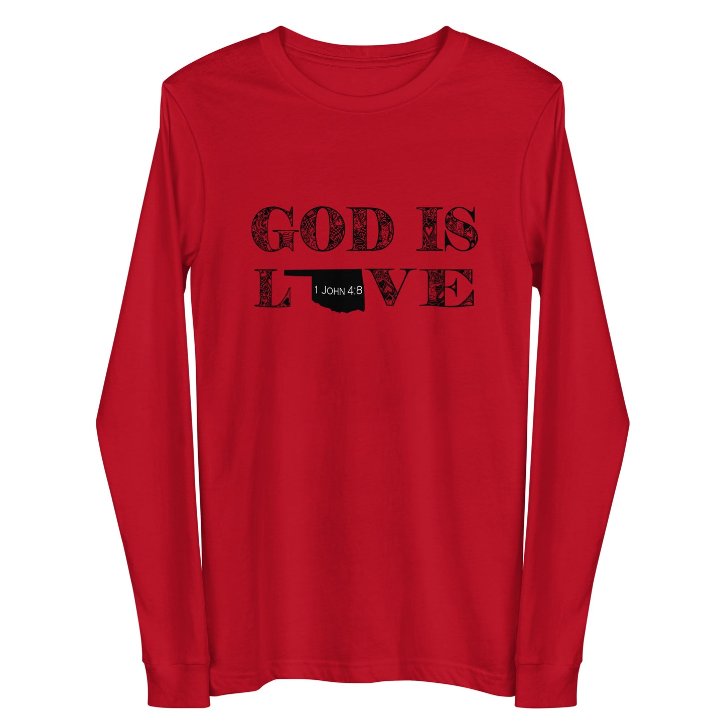 1 John 4:8 God is Love Unisex Long Sleeve Oklahoma Tee red