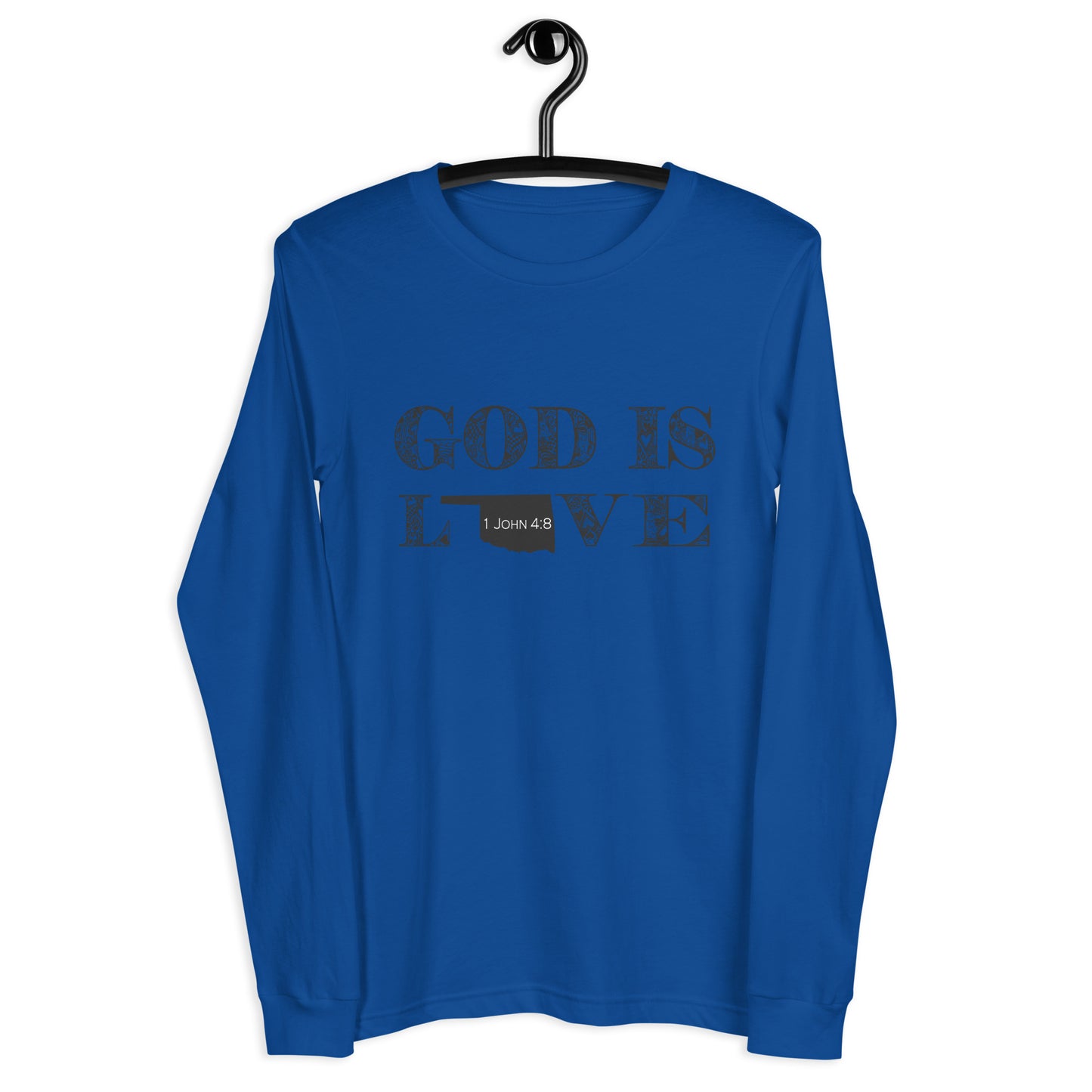 1 John 4:8 God is Love Unisex Long Sleeve Oklahoma Tee in True Royal - front view on hanger