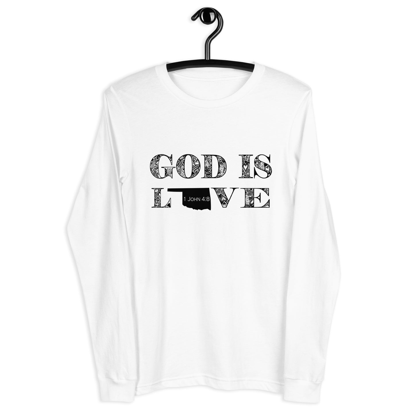 1 John 4:8 God is Love Unisex Long Sleeve Oklahoma Tee in White - front view on hanger