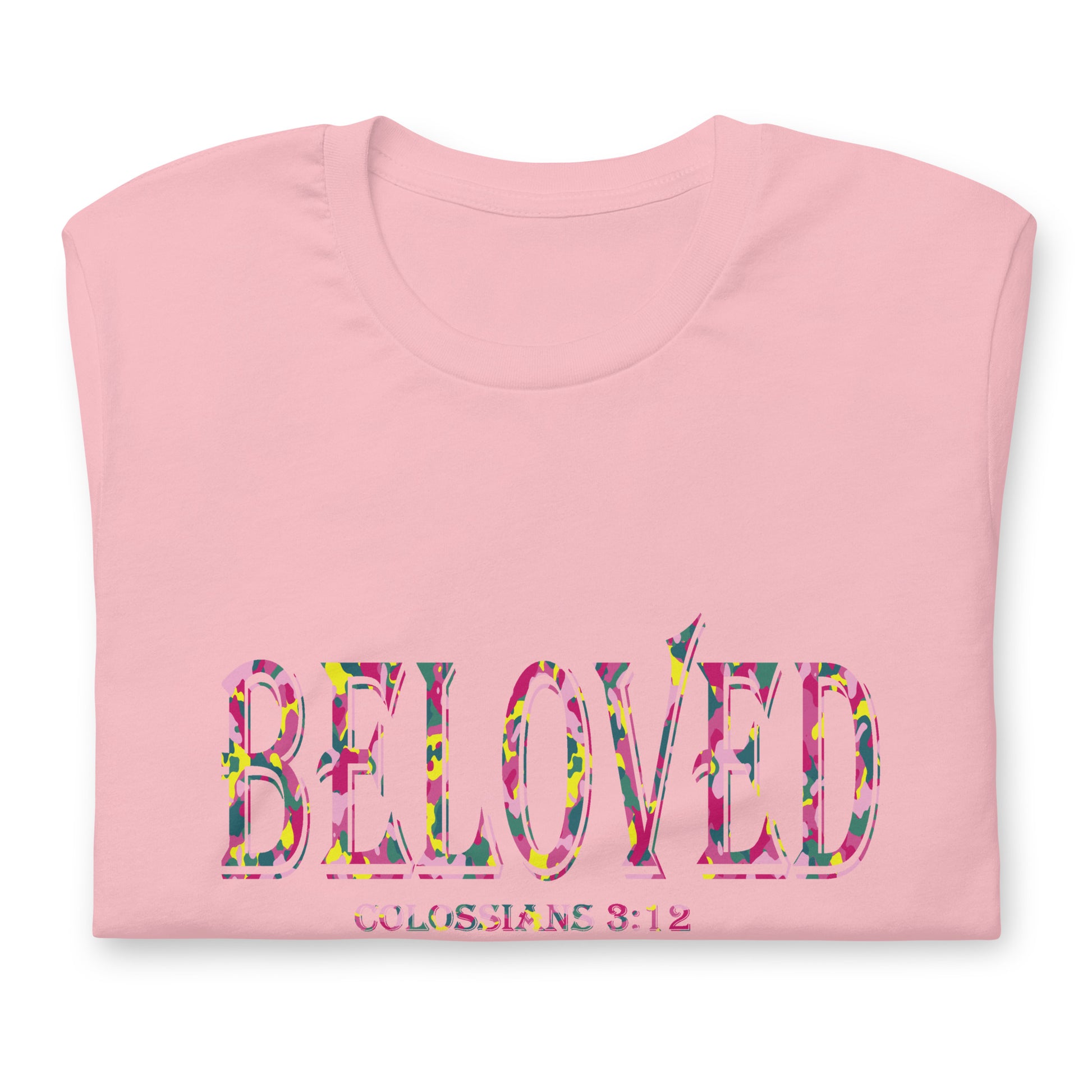 Colossians 3:12 Beloved T-shirt pink folded