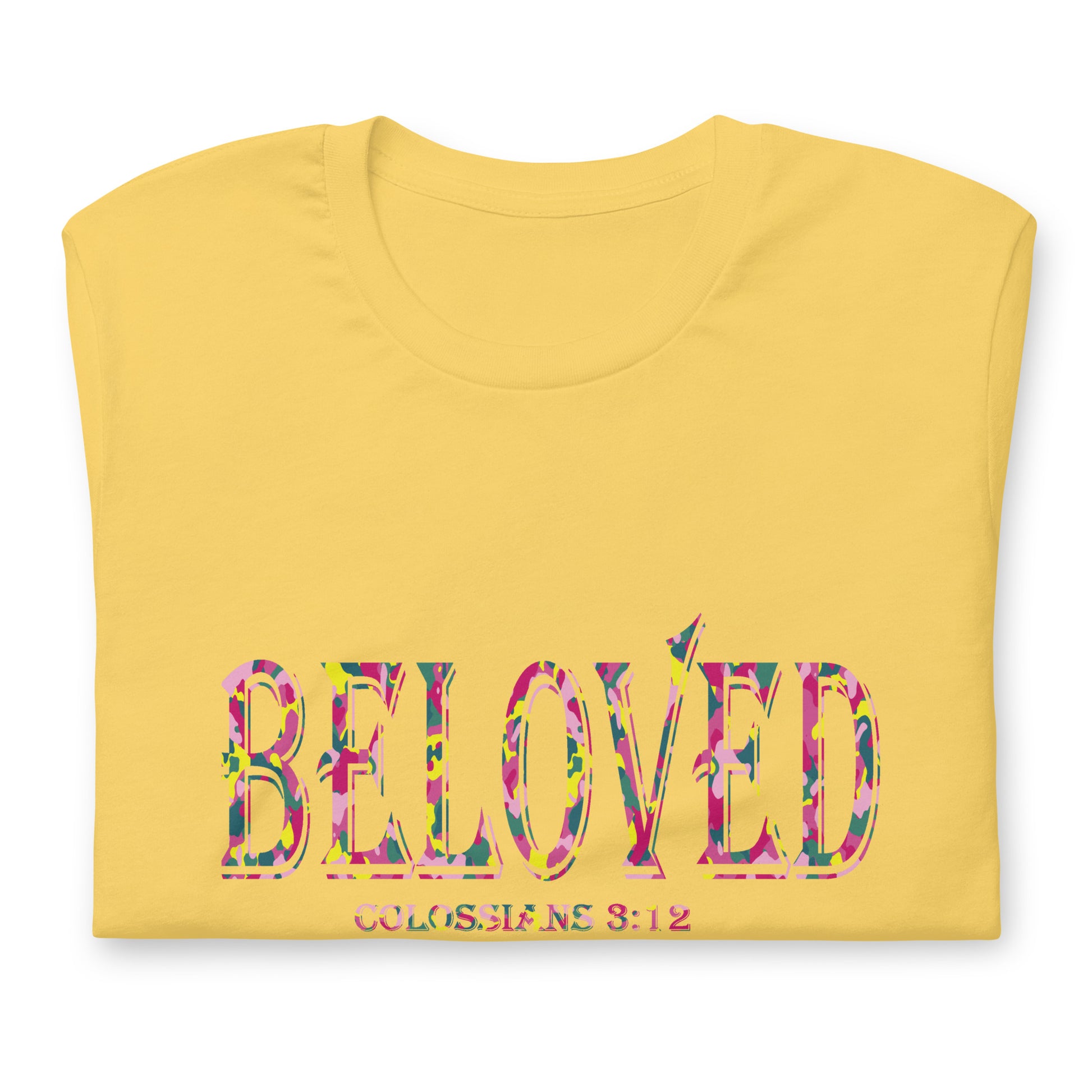 Colossians 3:12 Beloved T-shirt yellow folded