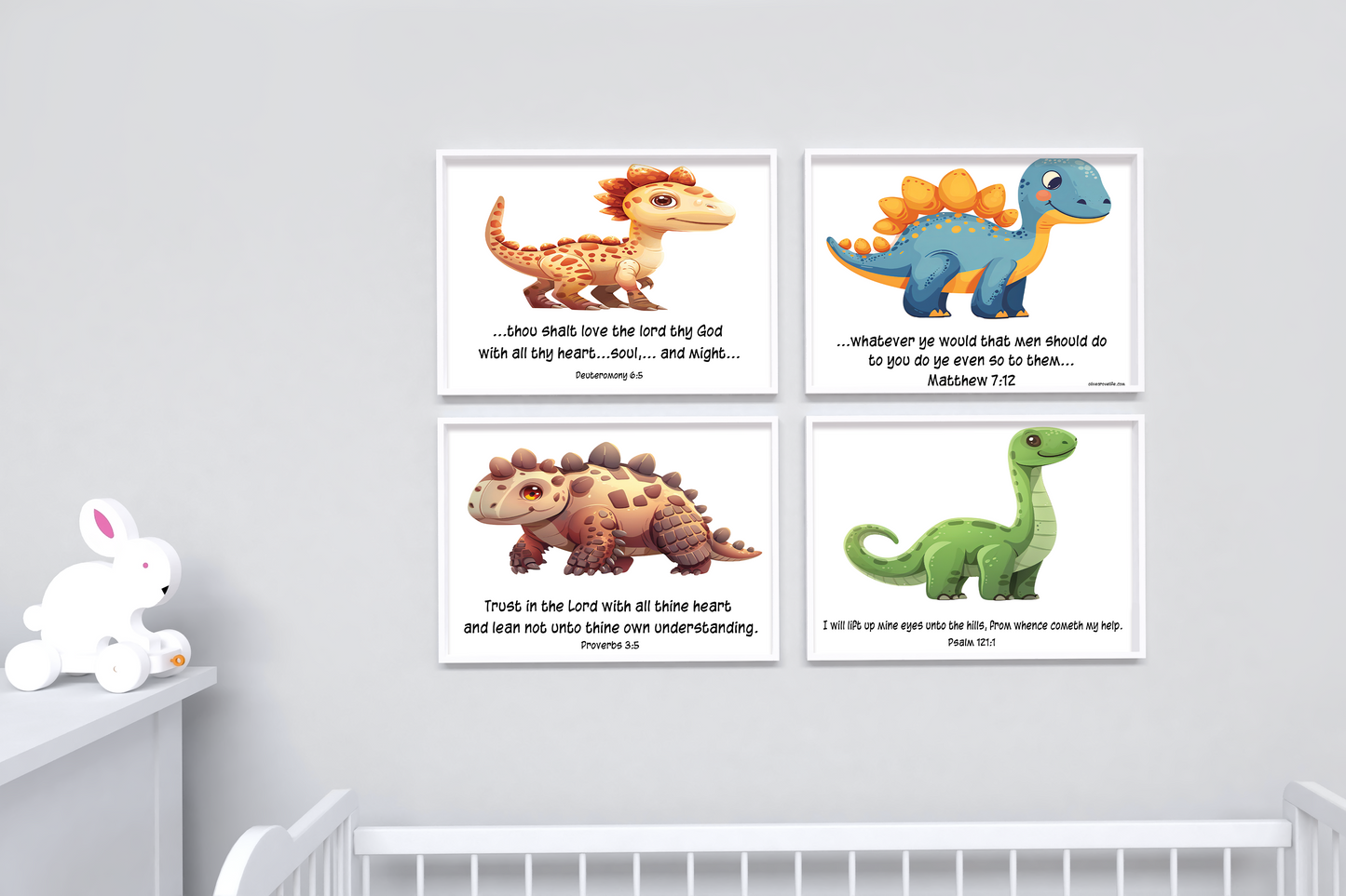 4 of 6 Dino Scripture Wall Art above baby crib mockup