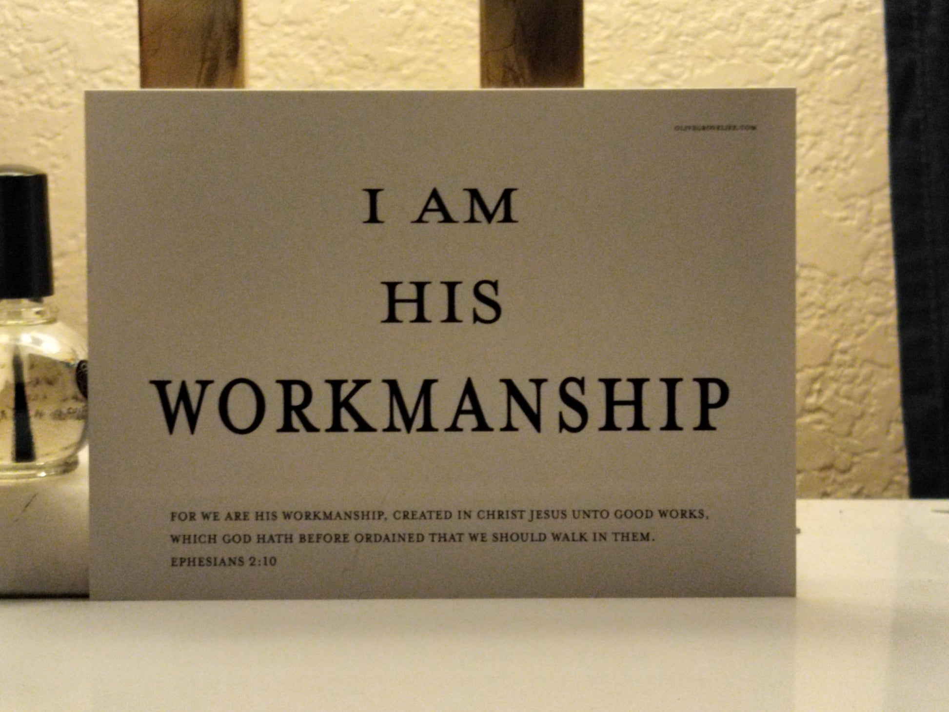 Card with text 'I AM HIS WORKMANSHIP' on a neutral background