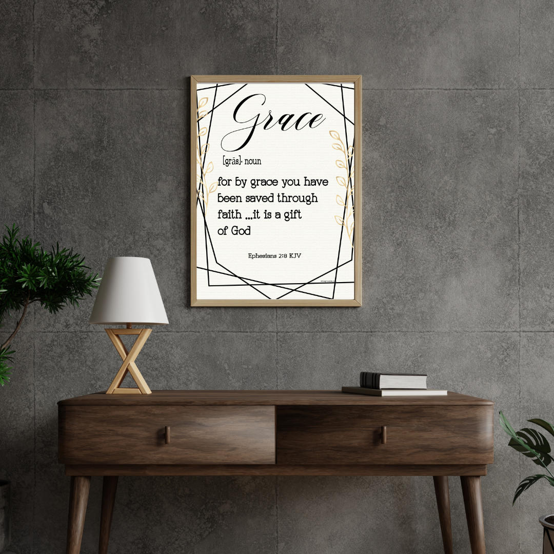 Ephesians 2:8 Grace Defined Art Print hanging above a brown table