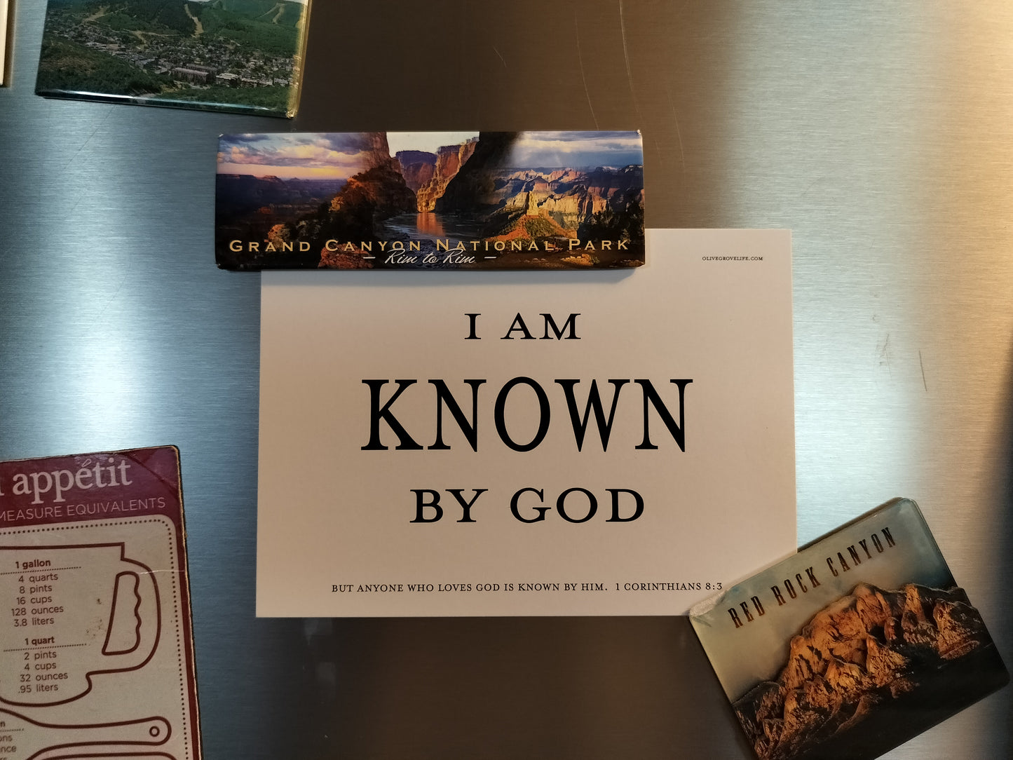 Fridge with magnets including a quote and a Grand Canyon National Park magnet.
