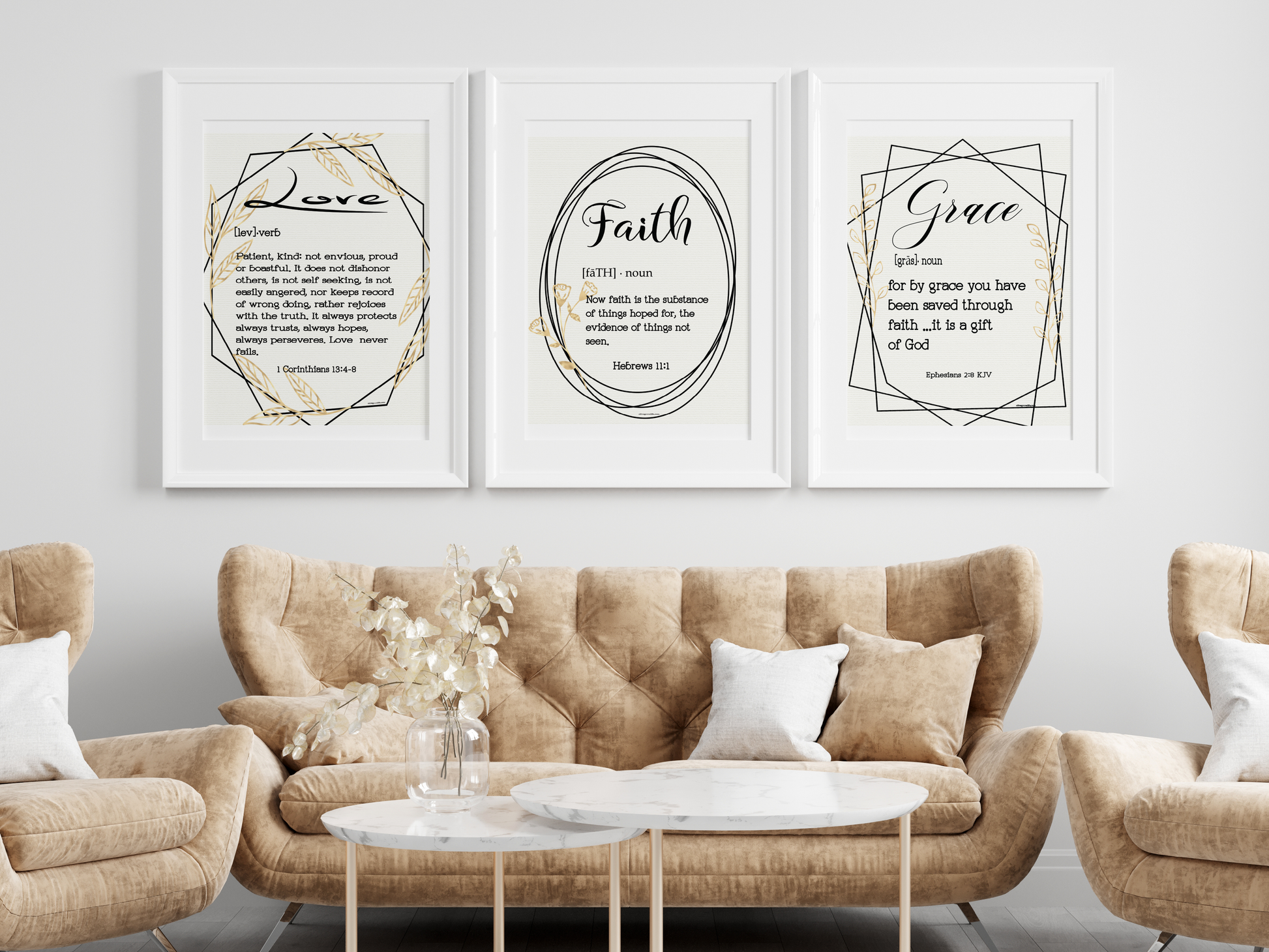 Love Defined, Grace Defined, and Faith Defined Art prints on a living room wall above brown tufted couch