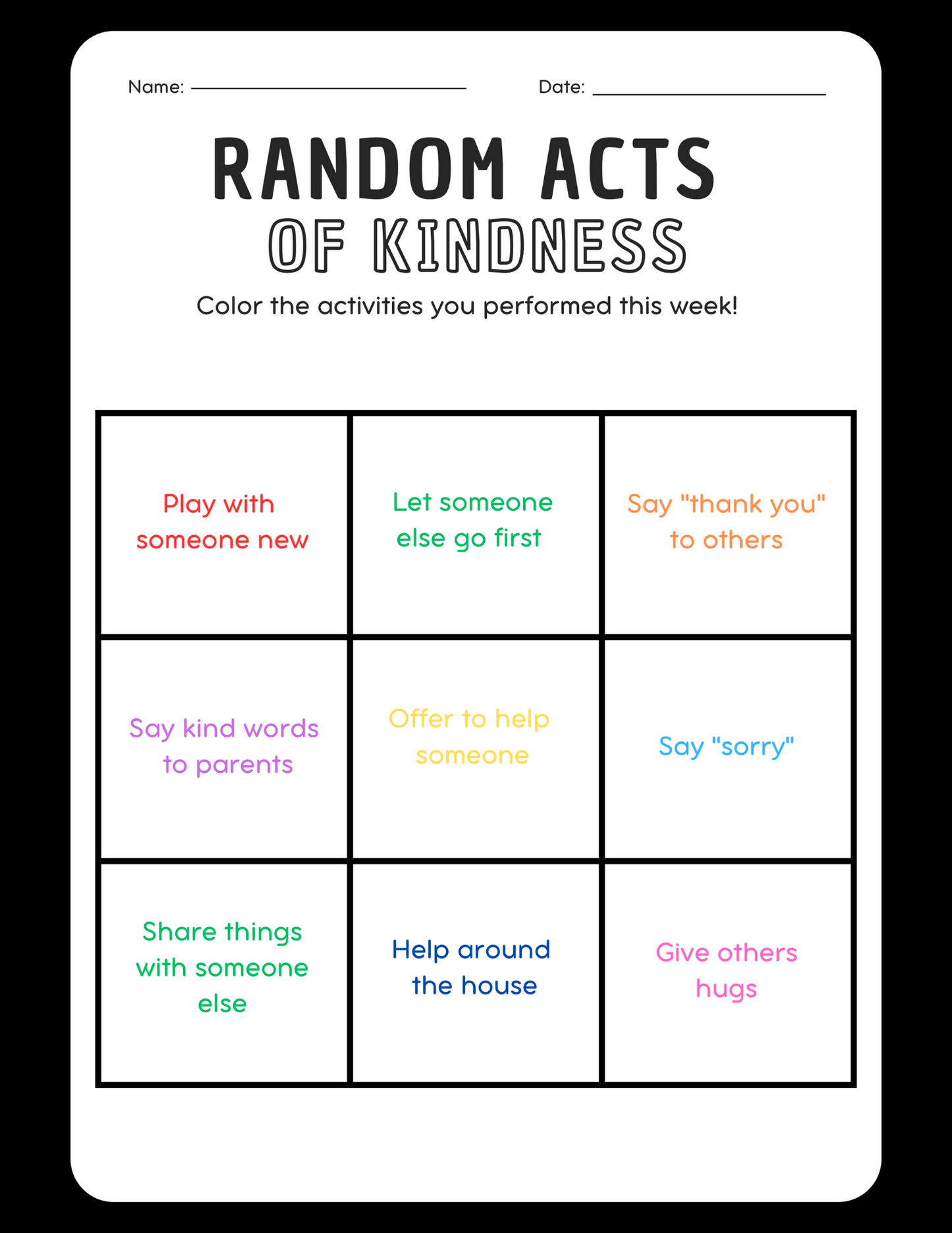 Family Compassion and Kindness Coloring Workbook random acts of kindness page
