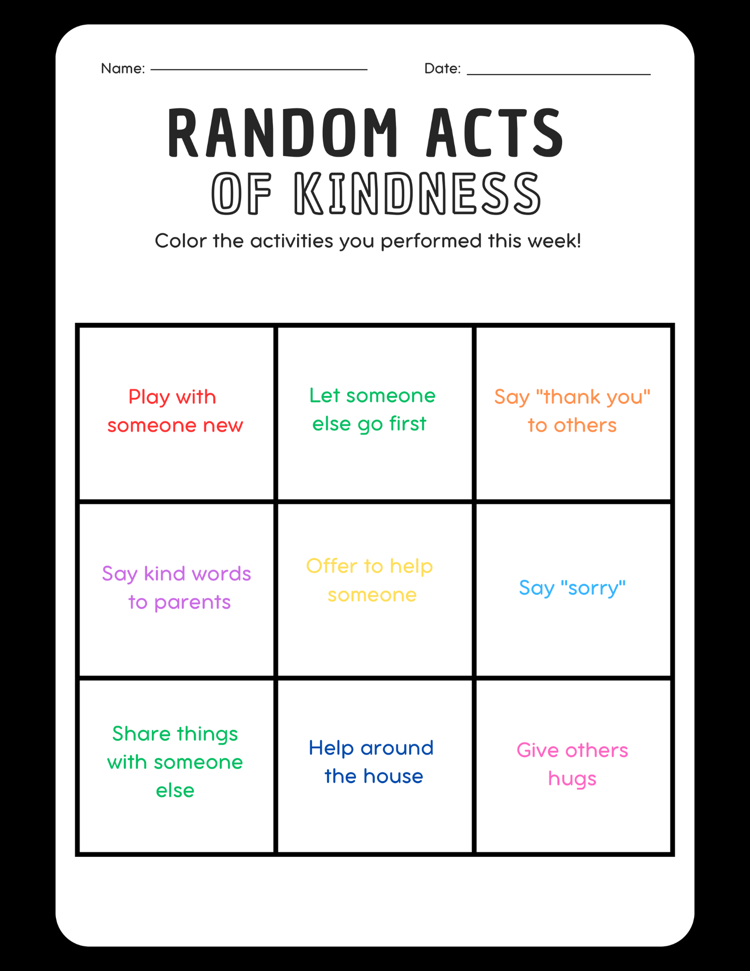 Family Compassion and Kindness Coloring Workbook random acts of kindness page