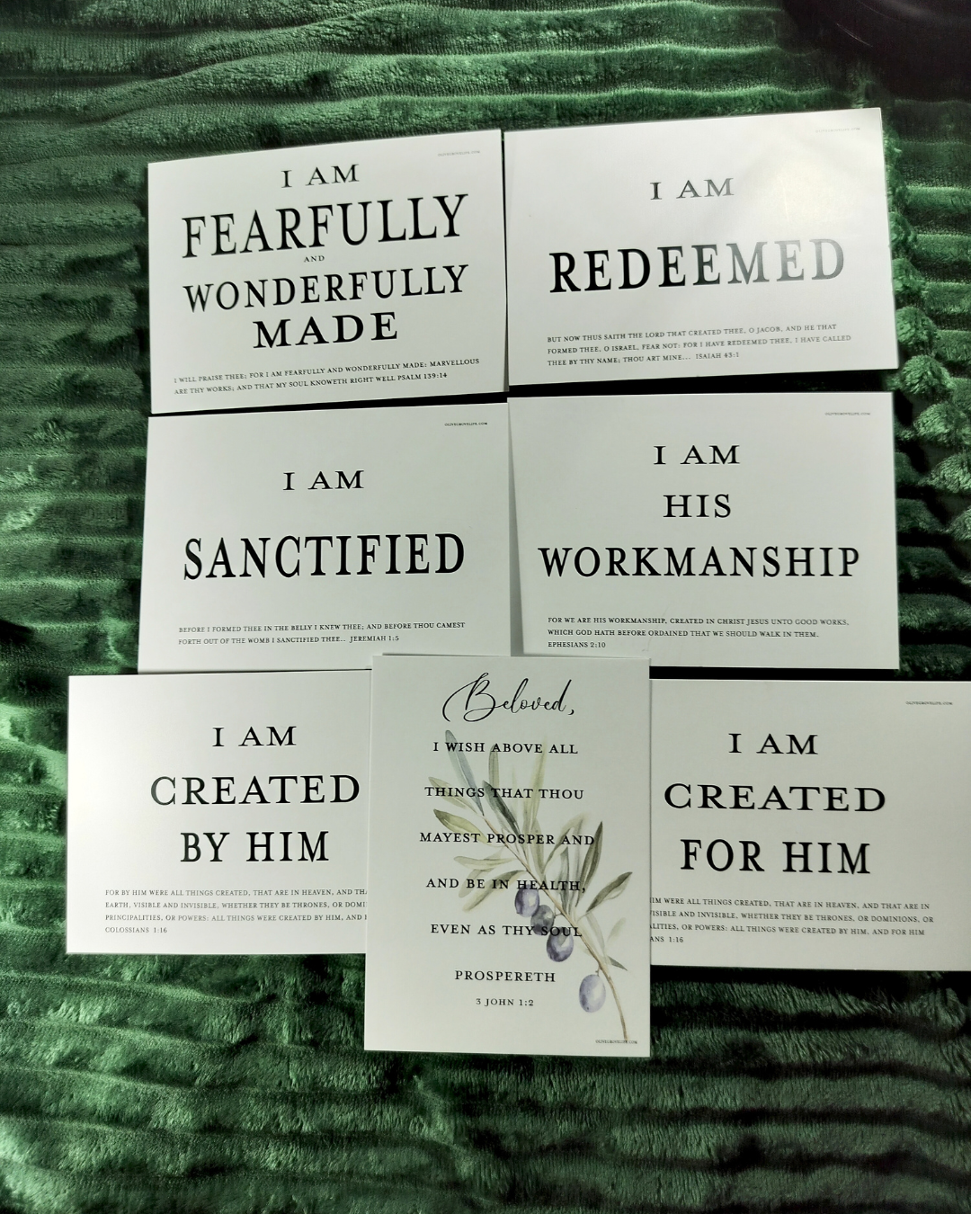 Set of cards with bible verses and I am statements  on a textured green background
