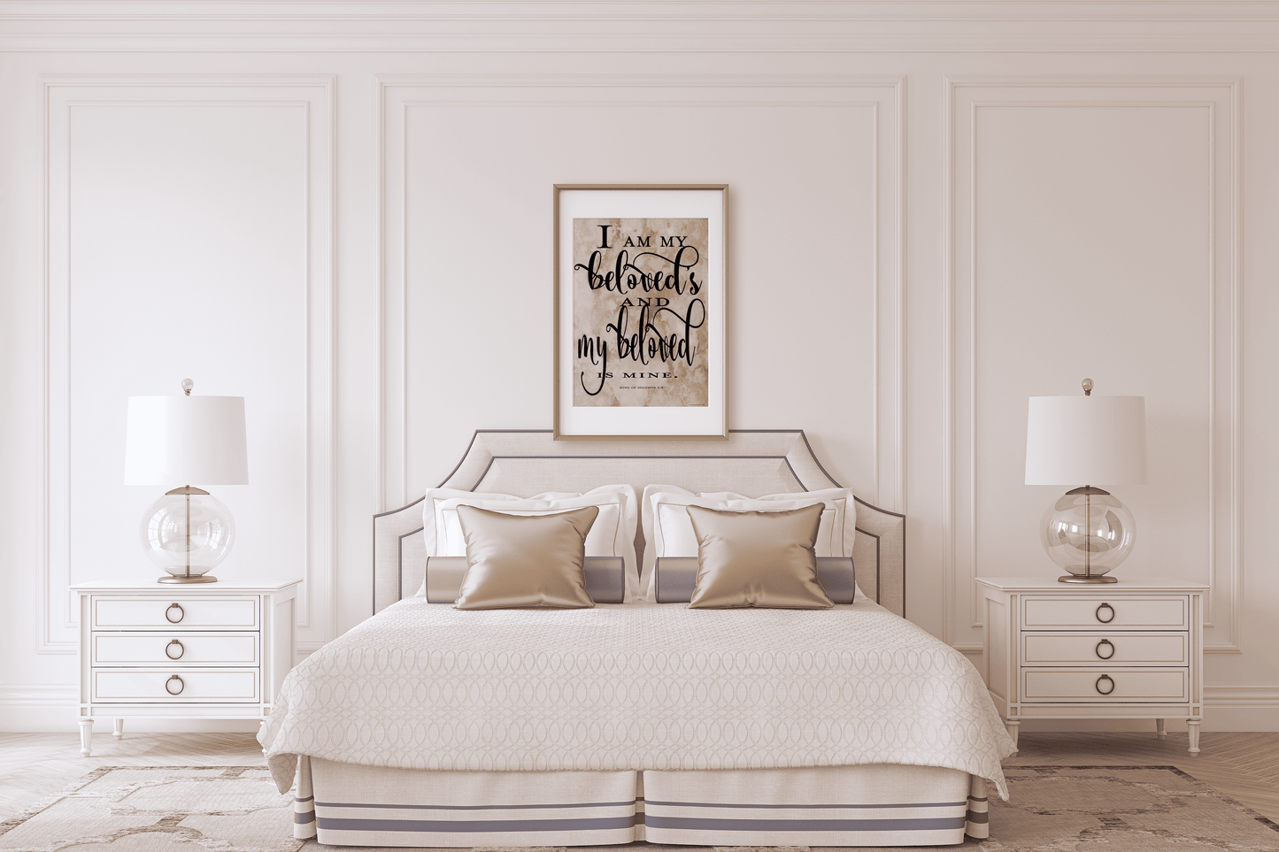 Song of Solomon 6:3 Art Print in elegant gold and white bedroom above bed
