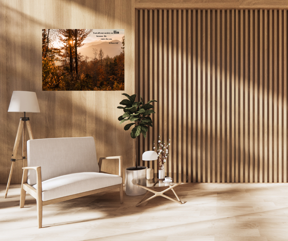 1 Peter 5:7 NIV Canvas sitting room mockup