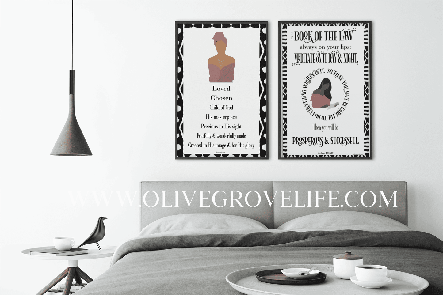 Spiritual Identity Woman Art Print and Joshua 1:8 Art Print over gray bed