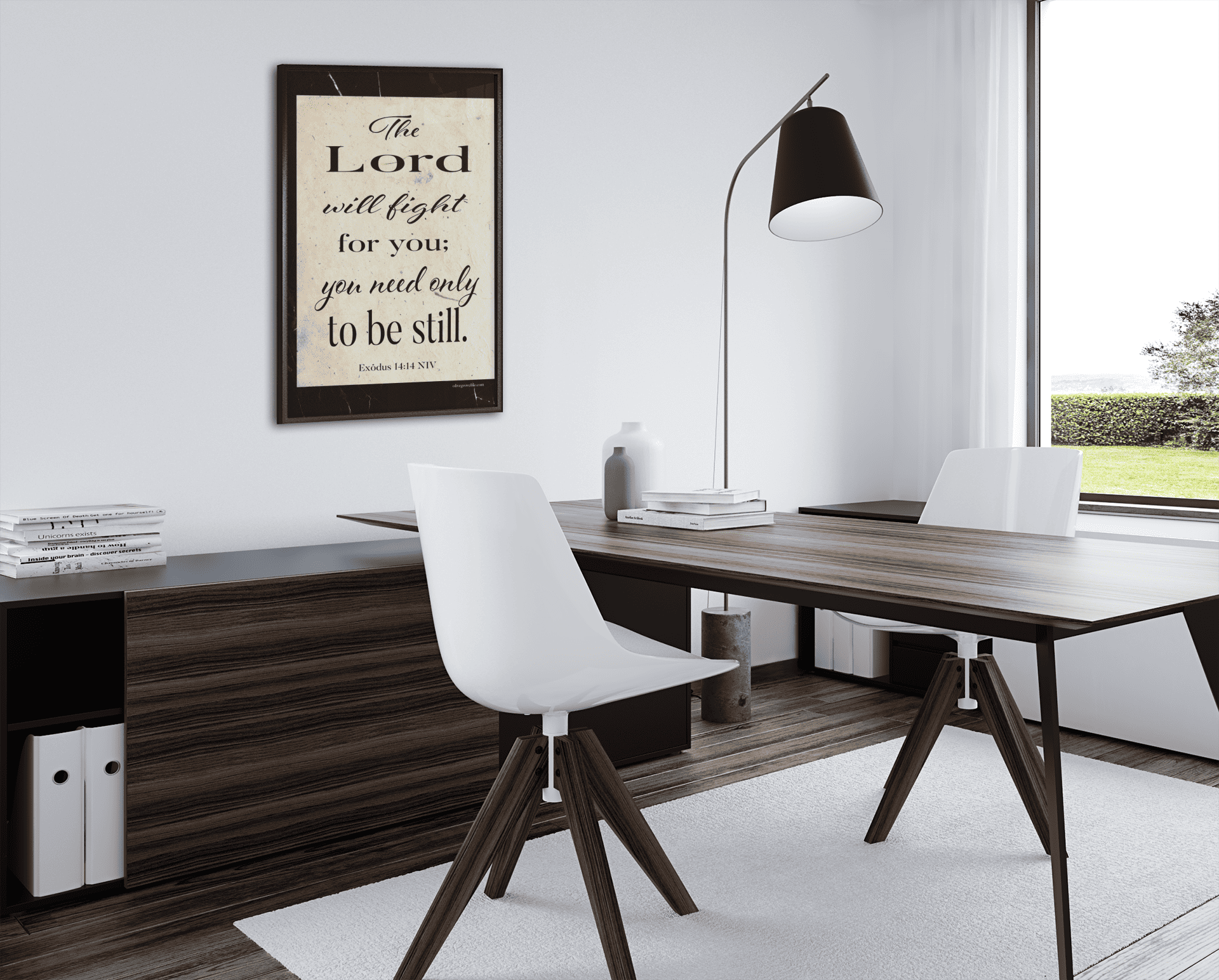 Exodus 14:14 NIV Art Print desk mockup