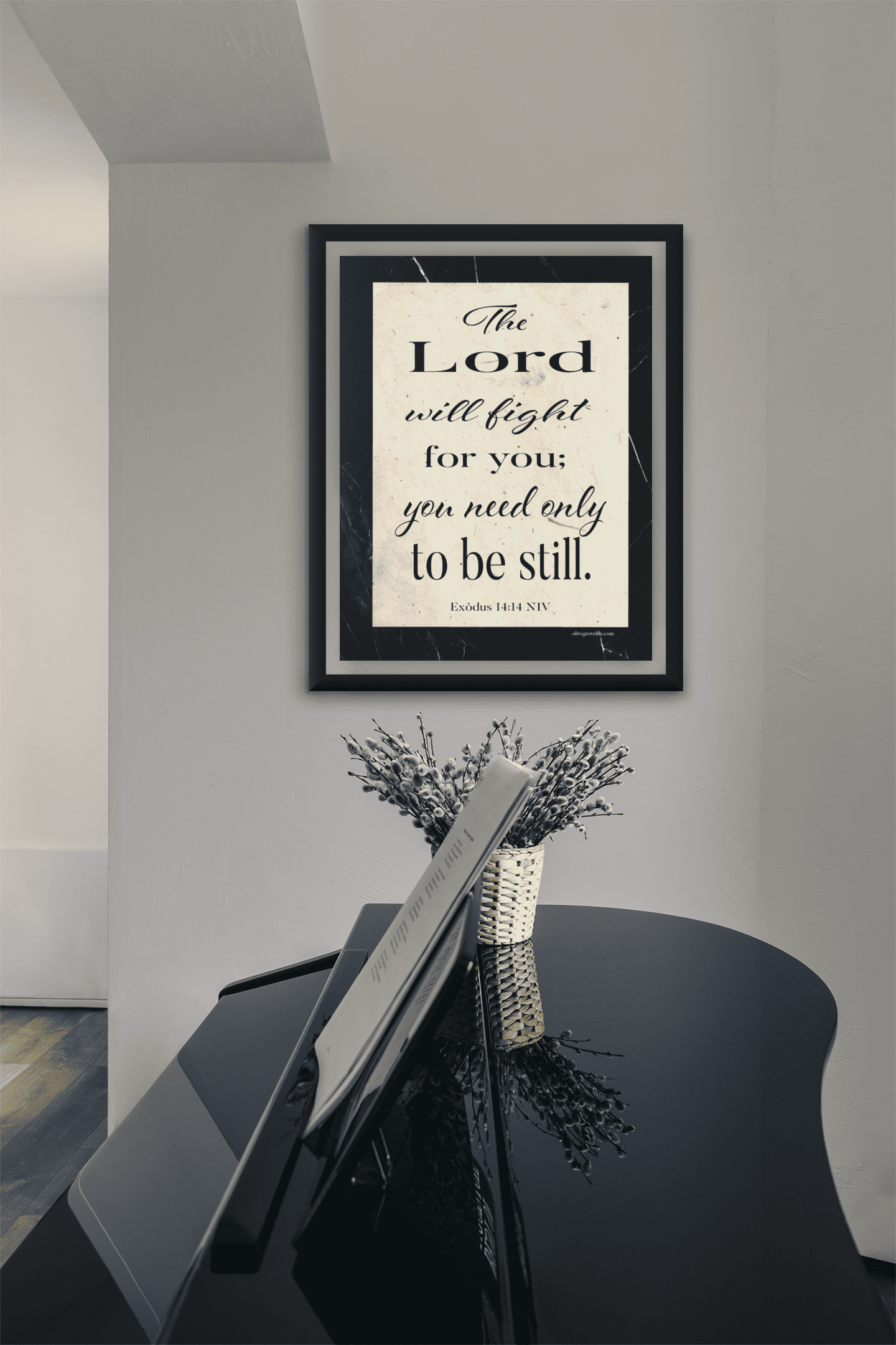 Exodus 14:14 NIV Art Print piano mockup