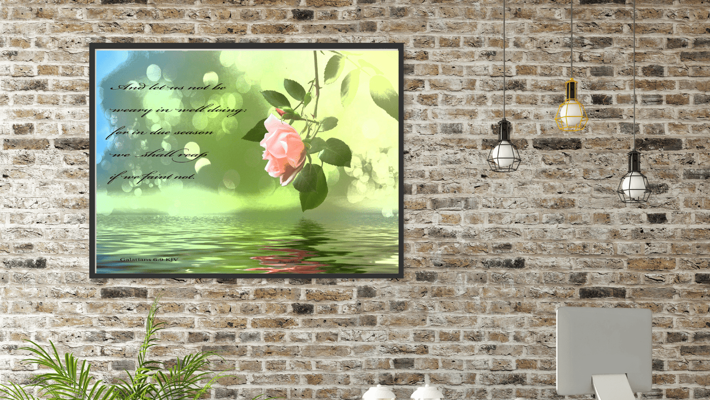 Galatians 6:9 floral art print brick wall mockup