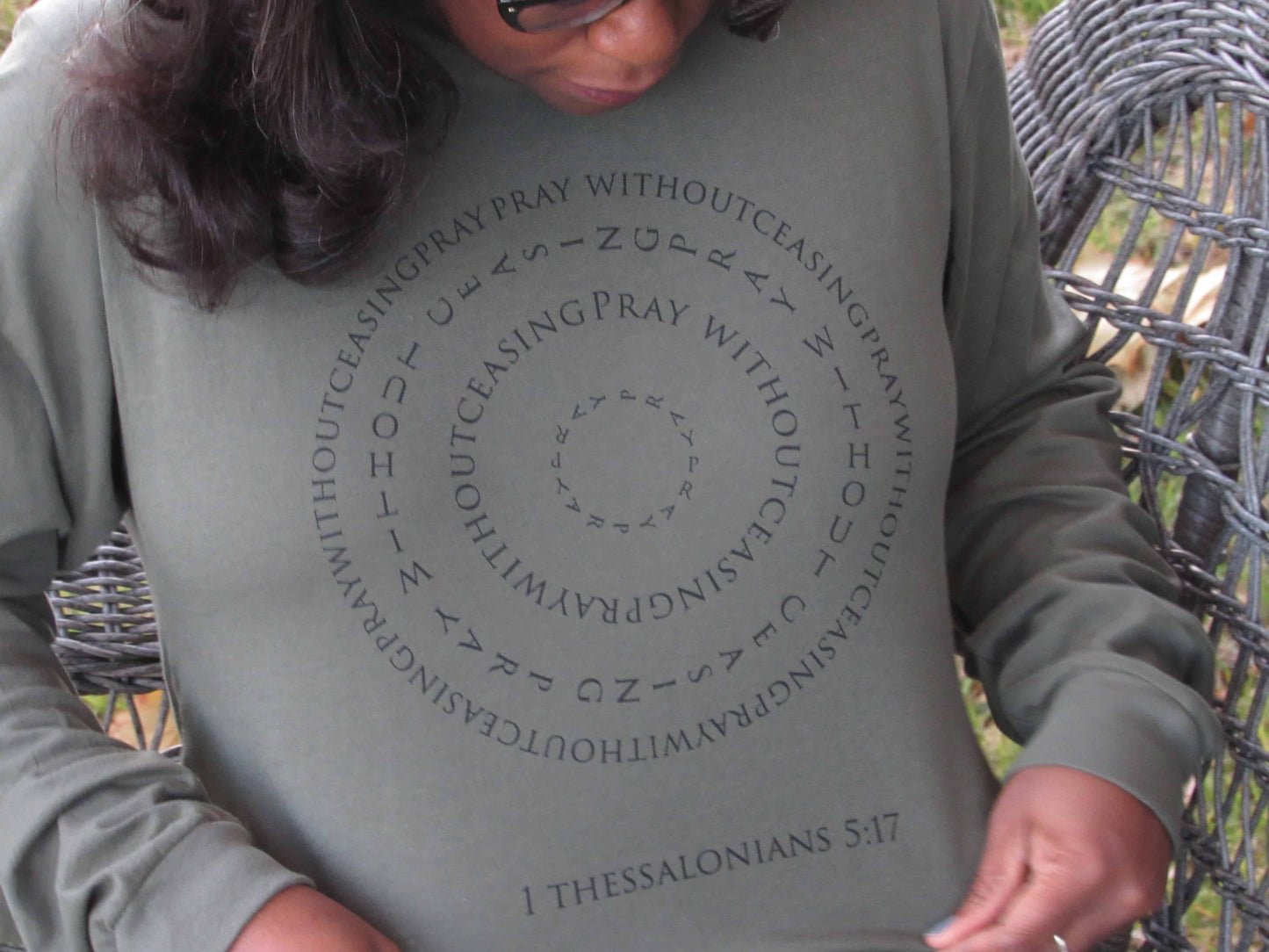 1 Thessalonians 5:17 Pray Unisex Long Sleeve Tee military green on woman
