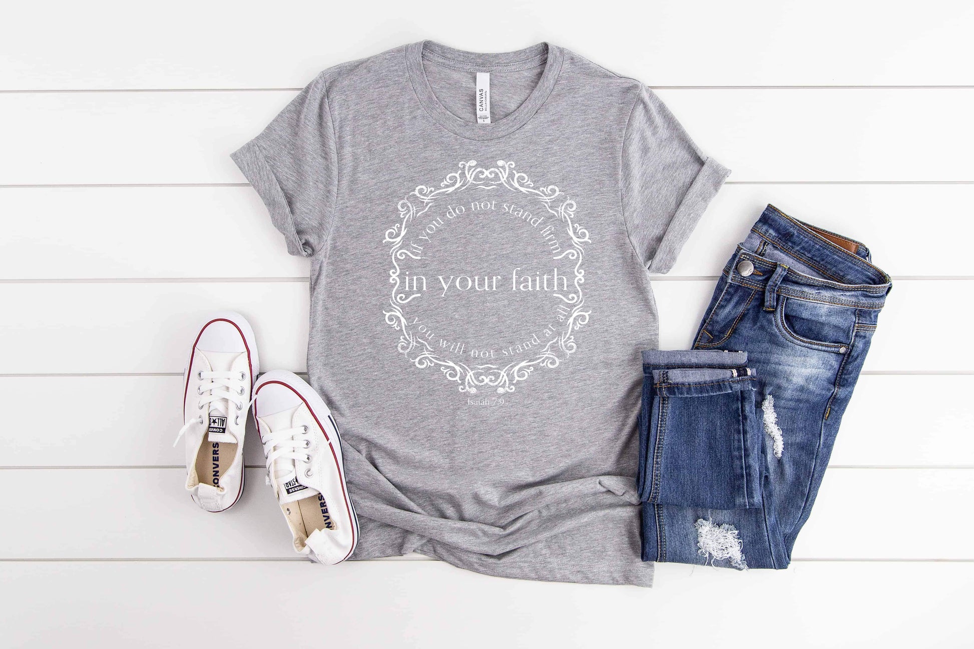 Isaiah 7:9 Ladies' Short Sleeve T-shirt athletic heather with jeans and white sneakers