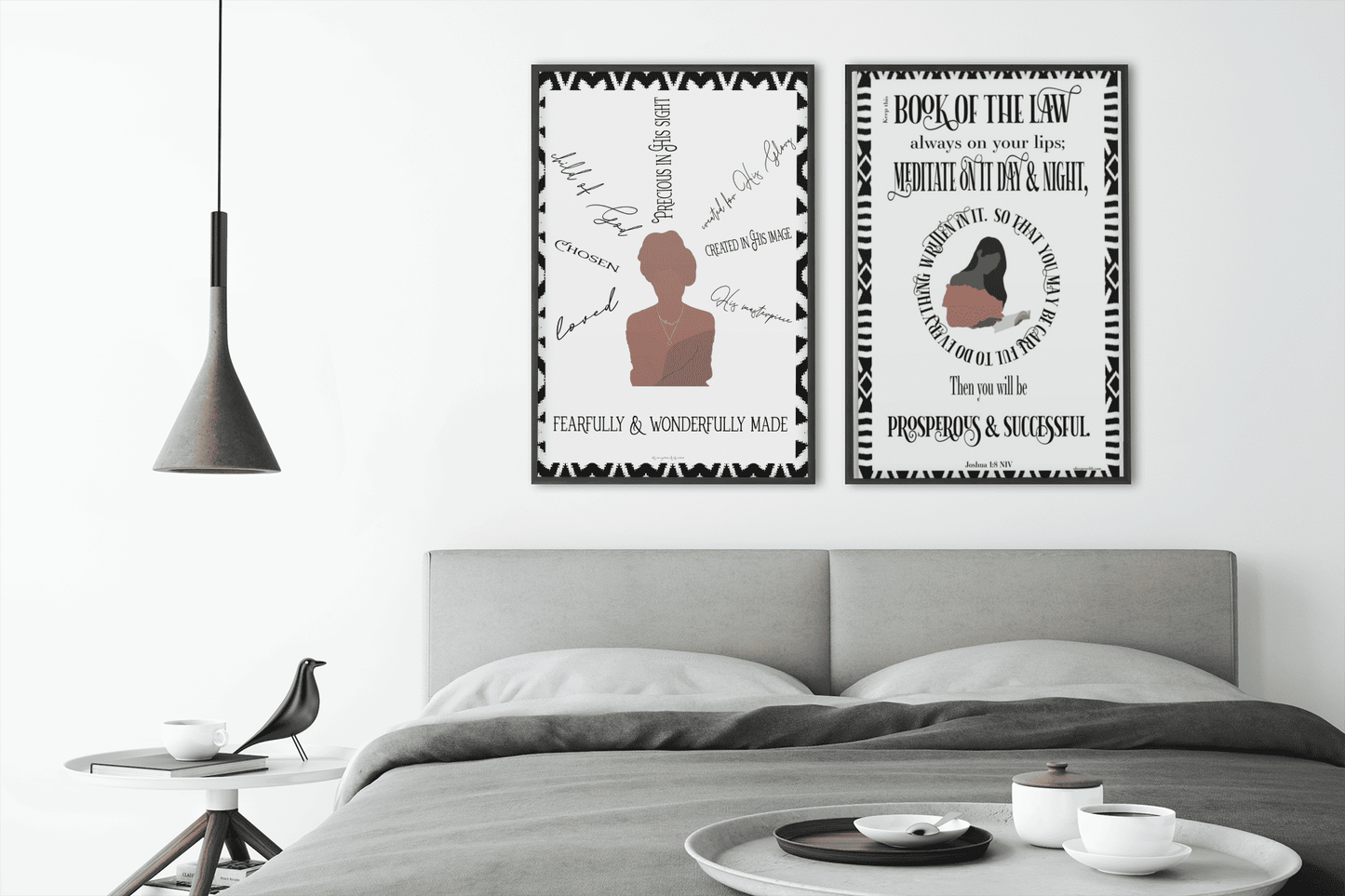 Joshua 1:8 NIV Wall Art and Spiritual Identity Wall Art hanging above a gray bed