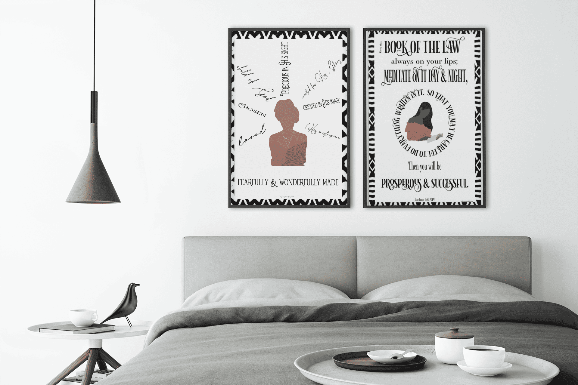 Joshua 1:8 NIV Wall Art and Spiritual Identity Wall Art hanging above a gray bed