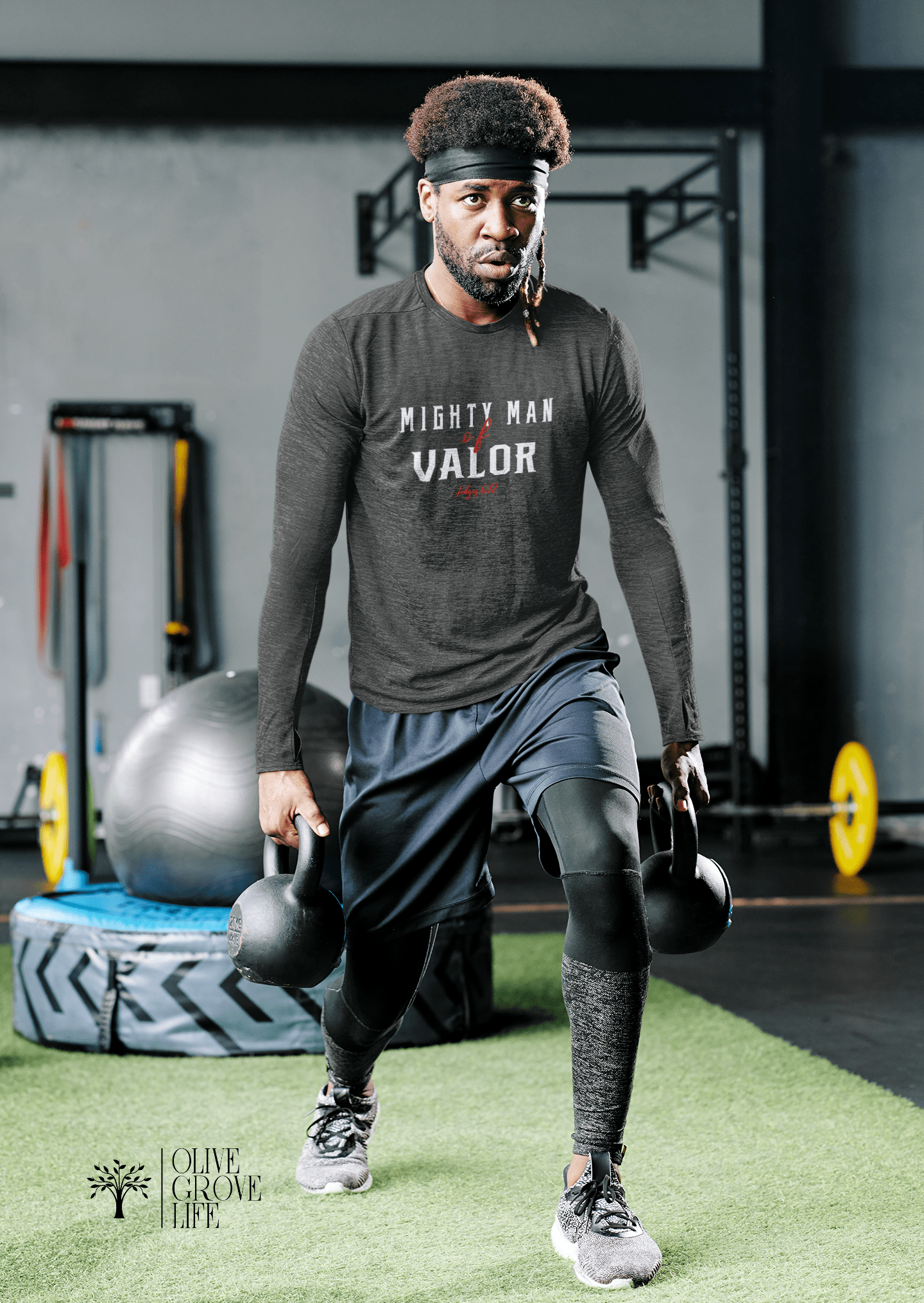 Judges 6:12 Mighty Man of Valor Long Sleeve Tee Dark Heather on man working out