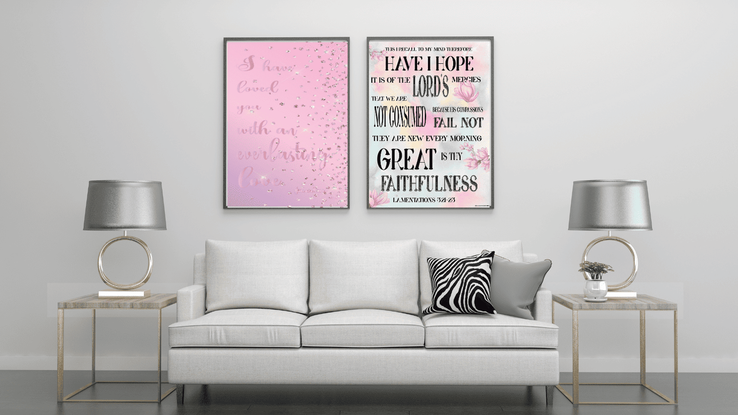 Jeremiah 31:3 NIV Art Print and Lamentations 3:21-23 Art Print sofa mockup